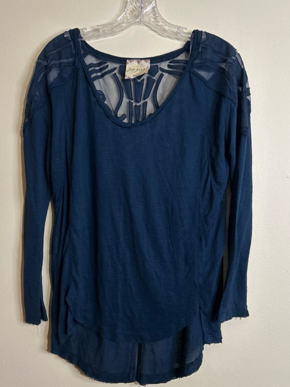 Free People Navy Long Sleeve Sheer-Trim Tee